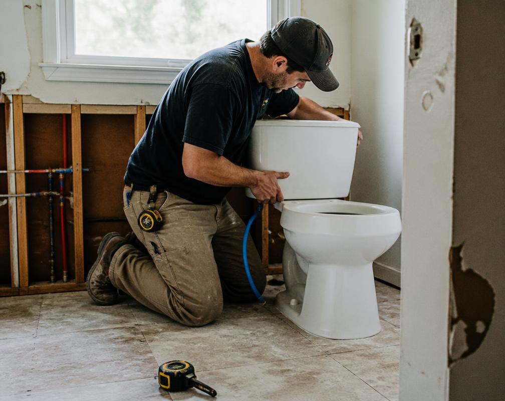Toilet set during a bathroom plumbing rough-in