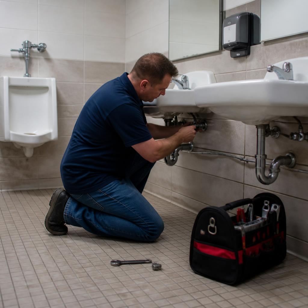 Plumber servicing commercial restroom fixtures