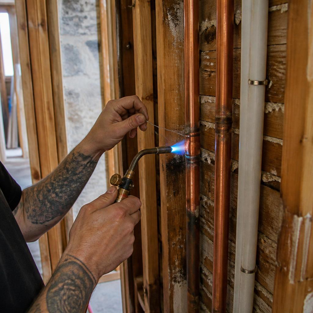 Plumber sweating copper repipe lines inside an open wall