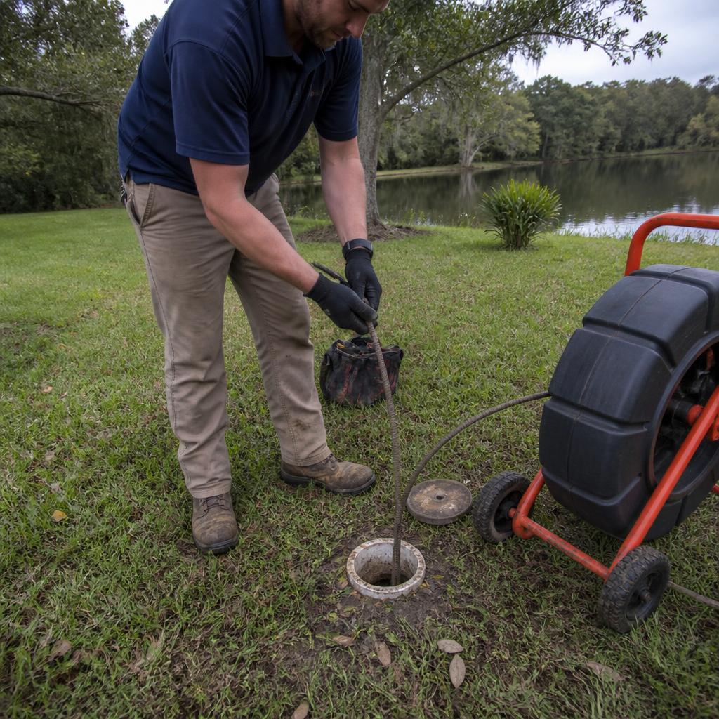 Plumber running a sewer inspection camera into a yard cleanout