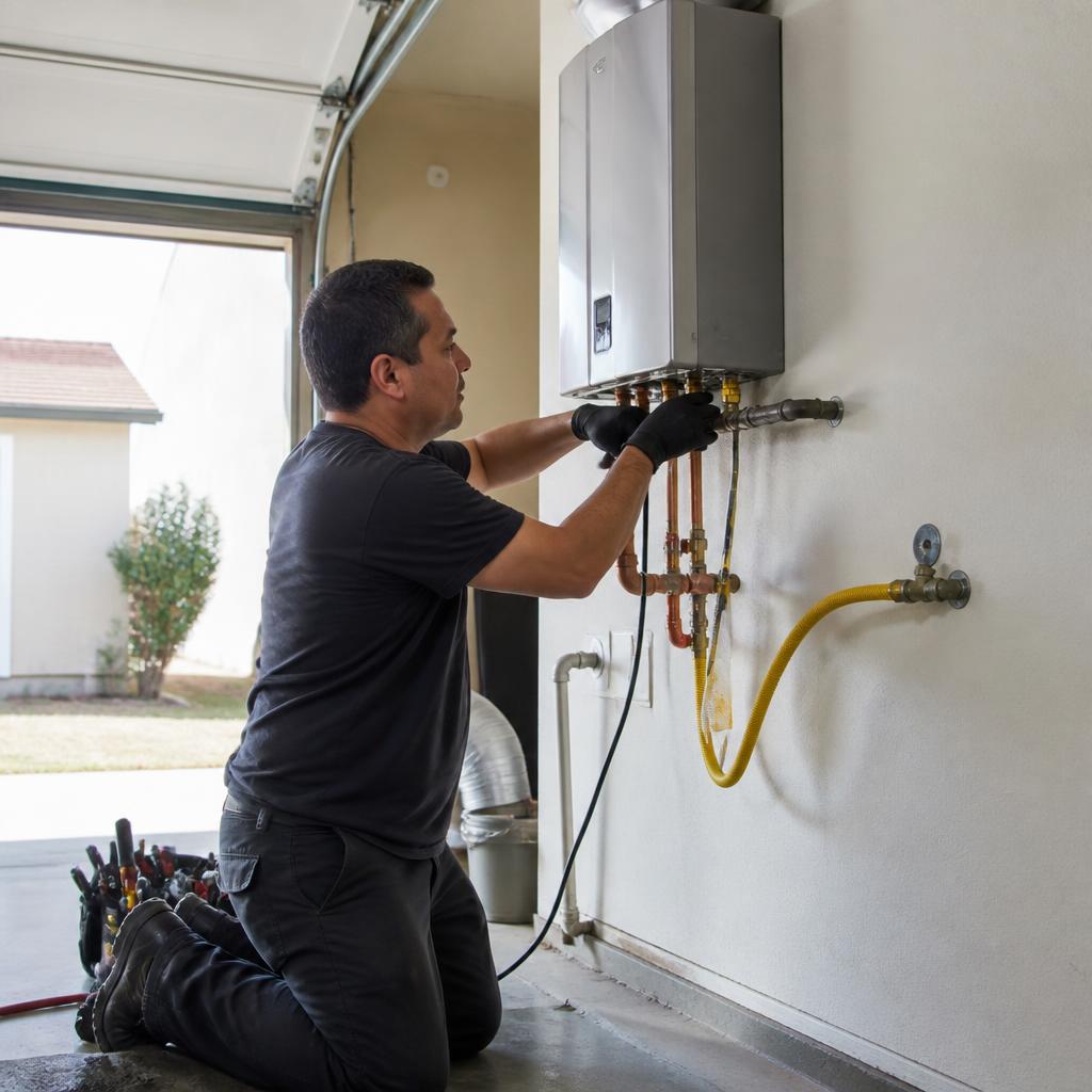Plumber connecting a wall-mounted tankless water heater