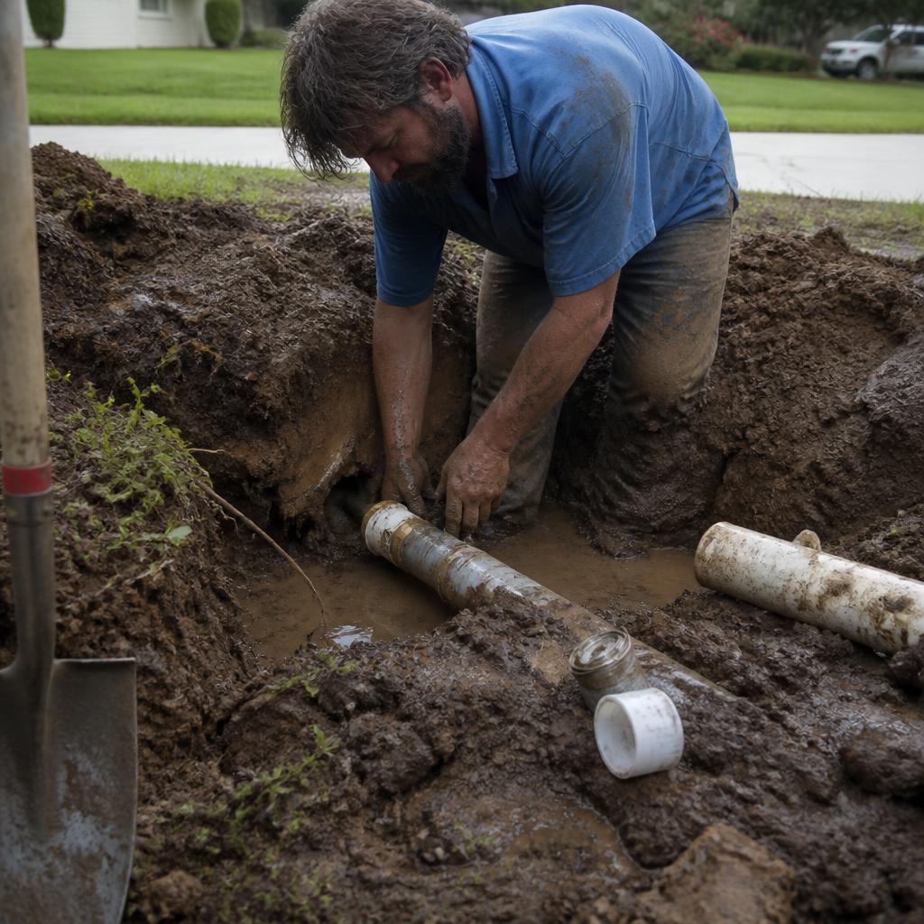 Plumber repairing a water supply line in an excavated trench
